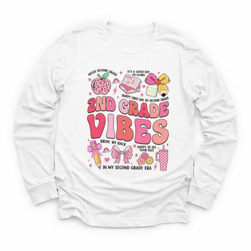 Girls 2nd Grade Vibes Coquette Pink Bow Back To School Youth Long Sleeve Tee - Savourry