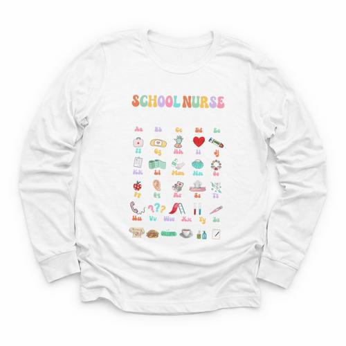 Groovy Cute ABC School Nurse Alphabet Back To School Women Youth Long Sleeve Tee - Savourry