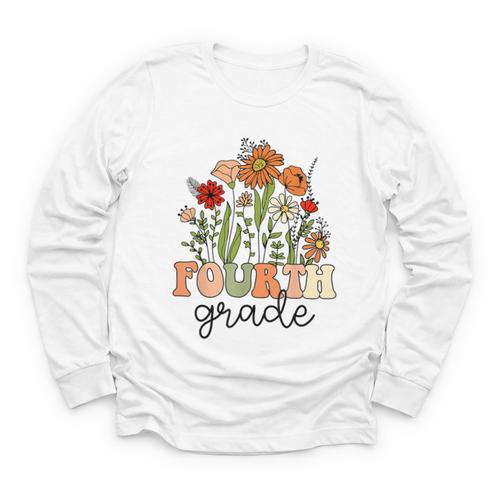 Groovy Fourth Grade Wildflowers Back To School 4th Grade Youth Long Sleeve Tee - Savourry