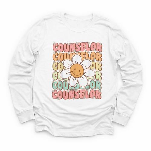 Groovy School Counselor Cute Daisy Flower Back To School Youth Long Sleeve Tee - Savourry