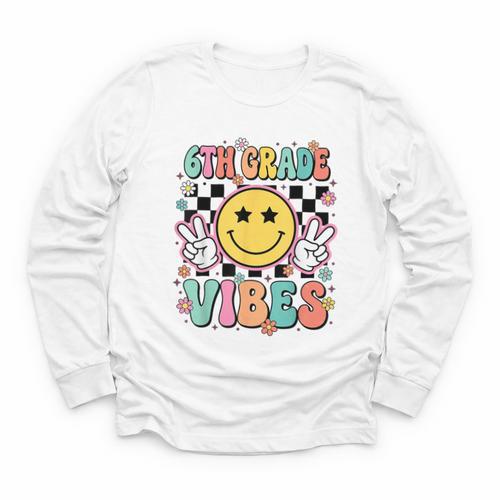 Groovy Sixth 6TH Grade Vibes Back To School First Day Kids Youth Long Sleeve Tee - Savourry