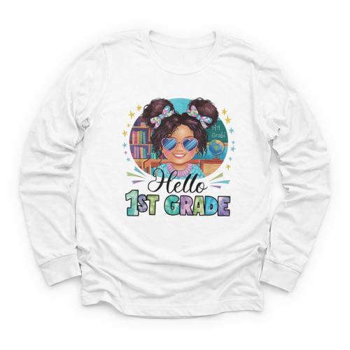 Hello 1st Grade Girl Back To School Kids Boys Girls Youth Long Sleeve Tee - Savourry