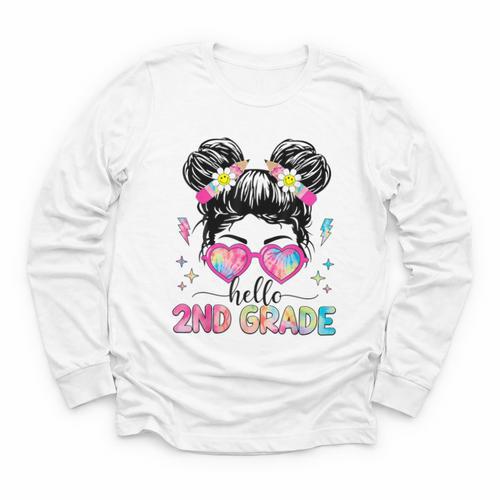 Hello 2nd Grade Messy Bun Back To School First Day Girl Kids Youth Long Sleeve Tee - Savourry