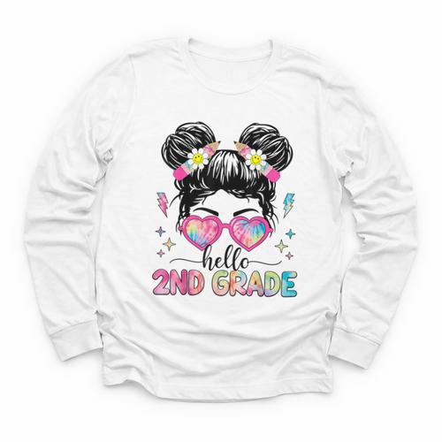 Hello 2nd Grade Messy Bun Girl Back To School First Day Youth Long Sleeve Tee - Savourry