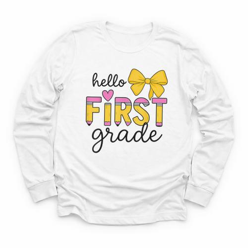Hello First Grade For Girls Boys Cute Back To School Pencil Youth Long Sleeve Tee - Savourry