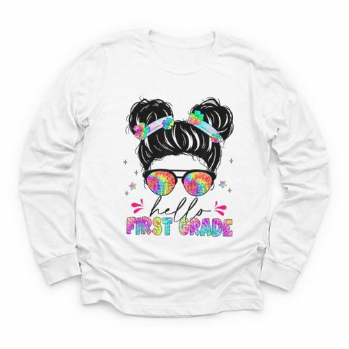 Hello First Grade Shirt Messy Bun Tie Dye Back To School Youth Long Sleeve Tee - Savourry