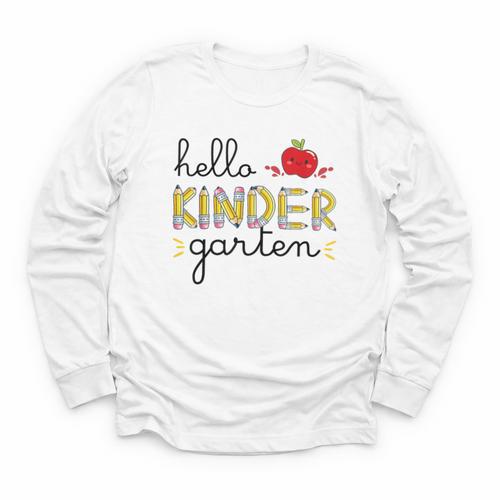 Hello Kindergarten Back To School Cute First Day Kids School Youth Long Sleeve Tee - Savourry