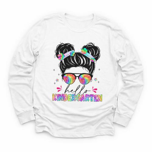 Hello Kindergarten Shirt Messy Bun Tie Dye Back To School Youth Long Sleeve Tee - Savourry