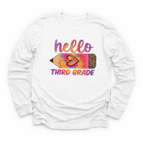 Hello Third Grade Back To School Pencil Tie Dye 3rd Grade Performance Youth Long Sleeve Tee - Savourry
