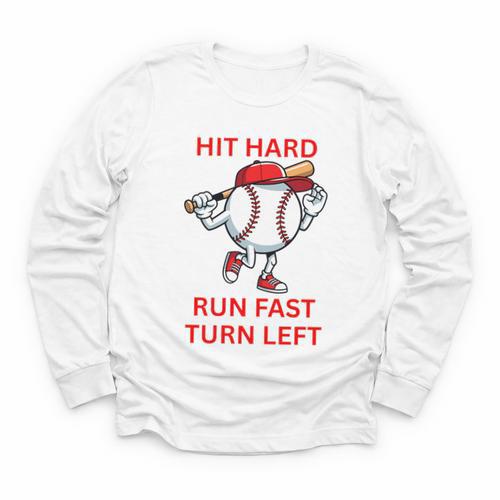 Hit Hard Run Fast Turn Left Baseball Player Premium Tri-Blend Youth Long Sleeve Tee - Sportilla