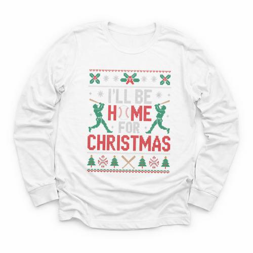 I’Ll Be Home For Christmas Baseball Ugly Sweater Art Youth Long Sleeve Tee - Sportilla