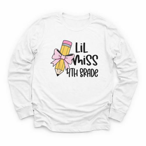 Lil Miss 4th Grade Coquette Bow Pencil Back To School Girls Youth Long Sleeve Tee - Savourry