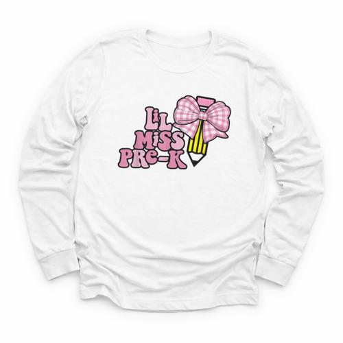 LiL Miss Pre-K Back To School Girls Coquette Bow First Day Youth Long Sleeve Tee - Savourry