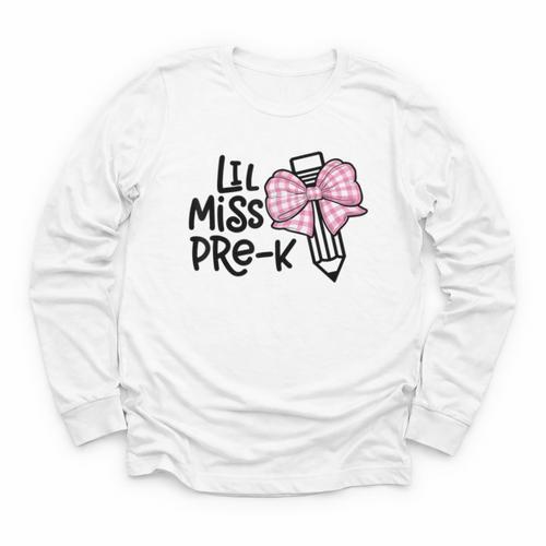 LiL Miss Pre-K Cute Back To School Pink Y2k Coquette Bow Youth Long Sleeve Tee - Savourry
