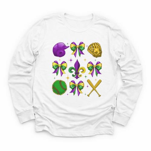 Mardi Gras Baseball Coquette Bow Fat Tuesday Parade Girls Youth Long Sleeve Tee - Sportilla