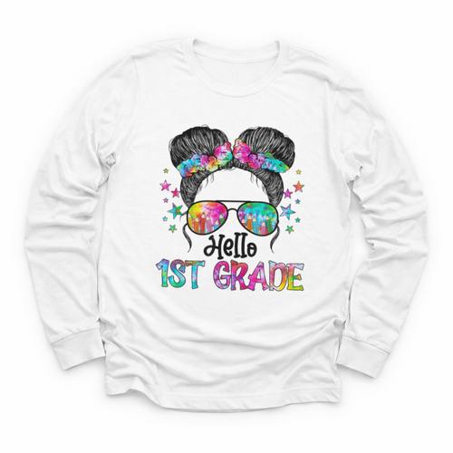 Messy Hair Bun Girl Back To School First Day Hello 1st Grade Youth Long Sleeve Tee - Savourry