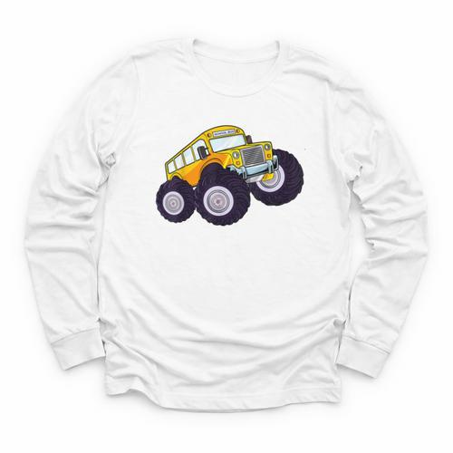 Monster Truck School Bus Yellow Back To School Kids Toddler Youth Long Sleeve Tee - Savourry