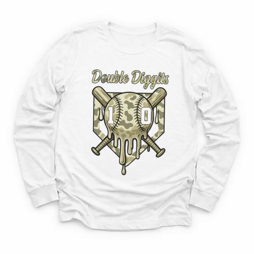 Old School Camo Baseball Drip Double Digits 10th Birthday Youth Long Sleeve Tee - Sportilla
