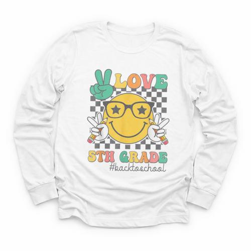 Peace Love 5th Grade Cute Smile Face Back To School Girls Youth Long Sleeve Tee - Savourry