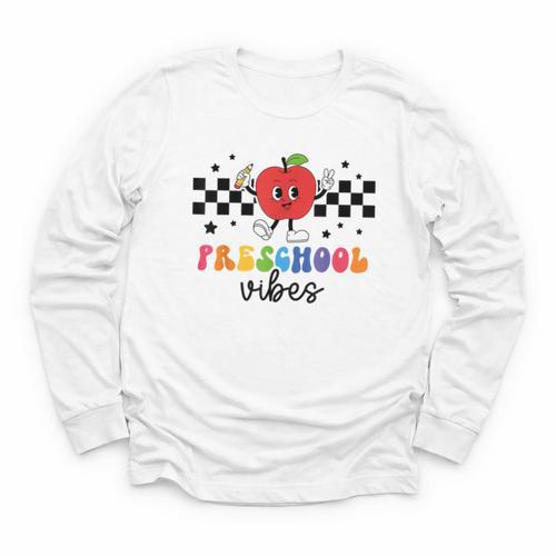 Preschool Vibes Retro Groovy Apple Back To School Youth Long Sleeve Tee - Savourry