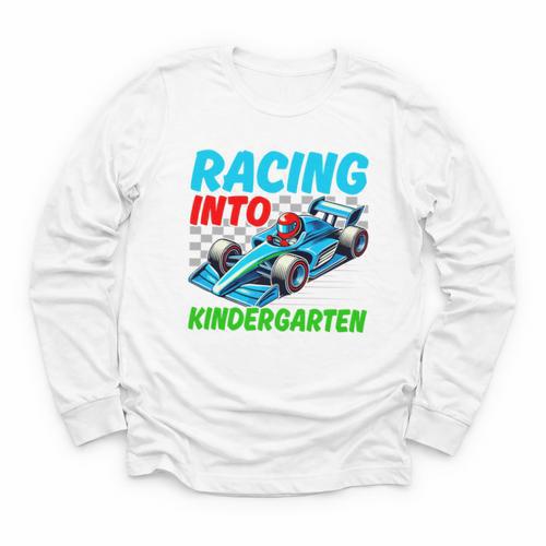 Racing Into Kindergarten Race Car Driver Back To School Performance Youth Long Sleeve Tee - Savourry