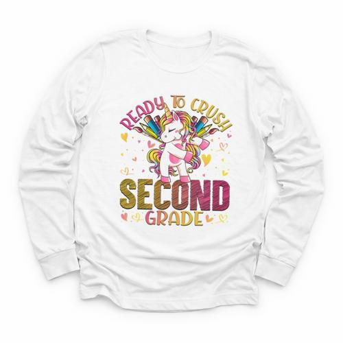 Ready To Crush Second 2nd Grade Back To School Unicorn Kids Performance Youth Long Sleeve Tee - Savourry