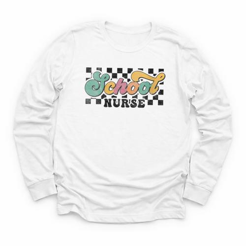 Retro Checkered School Nurse Squad Back To School Graduation Youth Long Sleeve Tee - Savourry
