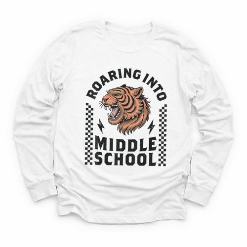 Roaring Into Middle School Tiger Back To School Boy Girl Kid Youth Long Sleeve Tee - Savourry