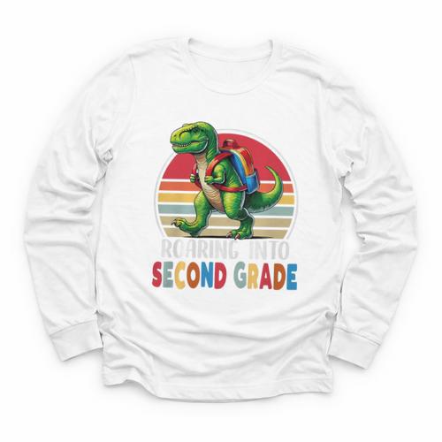 Roaring Into Second Grade T-Rex Back To School 2nd Grade Premium Tri-Blend Youth Long Sleeve Tee - Savourry