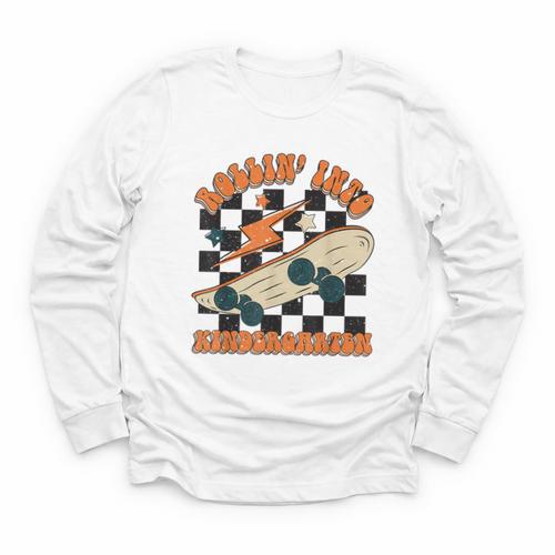 Rolling Into Kindergarten Retro Groovy Back To School Kids Youth Long Sleeve Tee - Savourry
