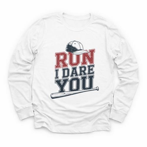 Run I Dare You Baseball Catcher Player Fan Youth Long Sleeve Tee - Sportilla