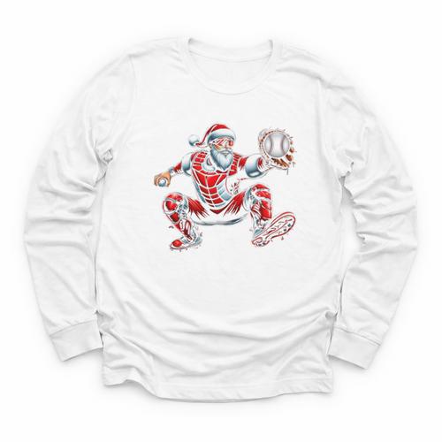 Santa Playing Baseball Catcher Merry Christmas Sport Player Youth Long Sleeve Tee - Sportilla