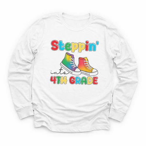 Steppin Into Fourth Grade Back To School First Day 4th Grade Youth Long Sleeve Tee - Savourry