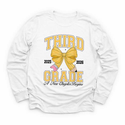 Third Grade Back To School First Day Pencil Bow 2025 Girls Youth Long Sleeve Tee - Savourry