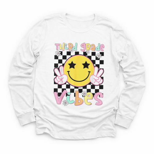 Third Grade Vibes Groovy Smile Face Back To School Girl Kid Youth Long Sleeve Tee - Savourry