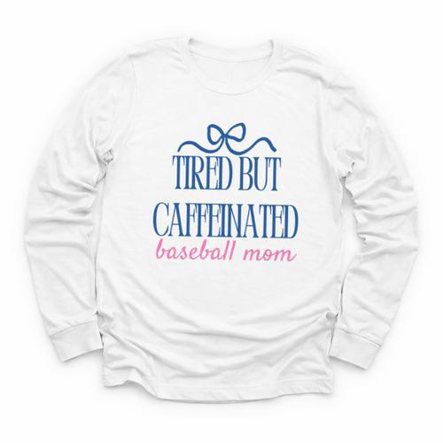 Tired But Caffeinated Baseball Mom Trendy Tired Baseball Mom Youth Long Sleeve Tee - Sportilla
