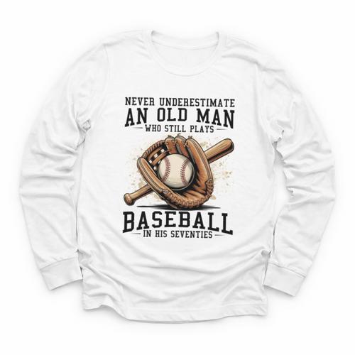 Never Underestimate Old Man Plays Baseball In His Seventies Youth Long Sleeve Tee - Sportilla