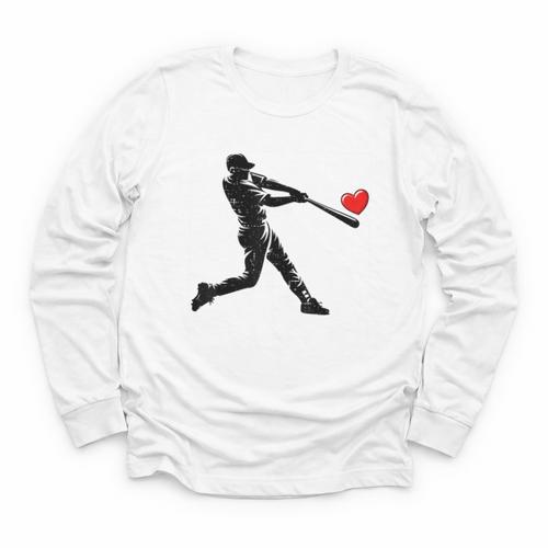 Valentines Day Baseball Batter Silhouette Heart Men Boys Kid Youth Long Sleeve Tee - Sportilla