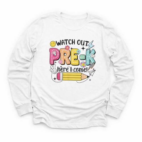 Watch Out Pre-K Here I Come Back To School Pre-K Youth Long Sleeve Tee - Savourry
