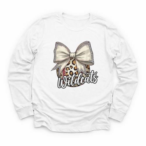 Wildcats Baseball Leopard Print Coquette Bow Mascot Game Day Youth Long Sleeve Tee - Sportilla