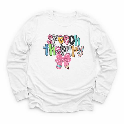 Women Speech Therapy Coquette Bow Pencil Back To School SLP Youth Long Sleeve Tee - Savourry