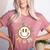 Happy Baseball Mom Groovy Retro Floral Smiling Face Women's Heather T-Shirt Heather Mauve Happy Baseball Mom Groovy Retro Floral Smiling Face Women's Heather T-Shirt Heather Mauve