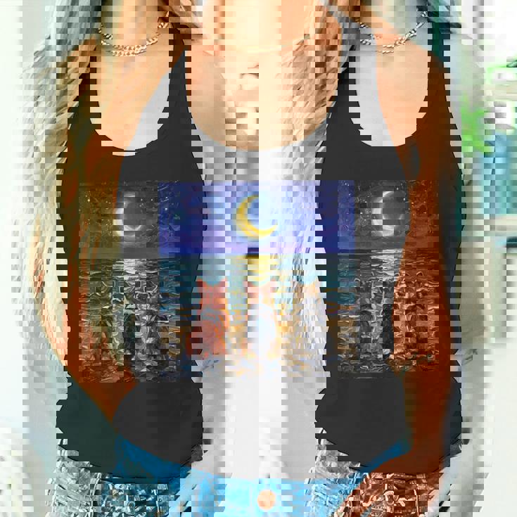 3 コーギーの夜のビーチかわいい犬と三日月のアートワーク タンクトップ