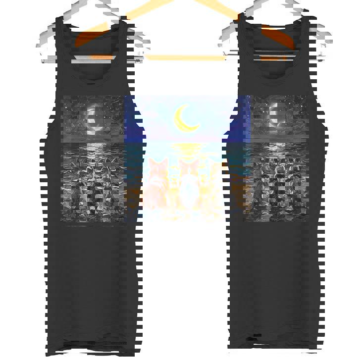 3 コーギーの夜のビーチかわいい犬と三日月のアートワーク タンクトップ