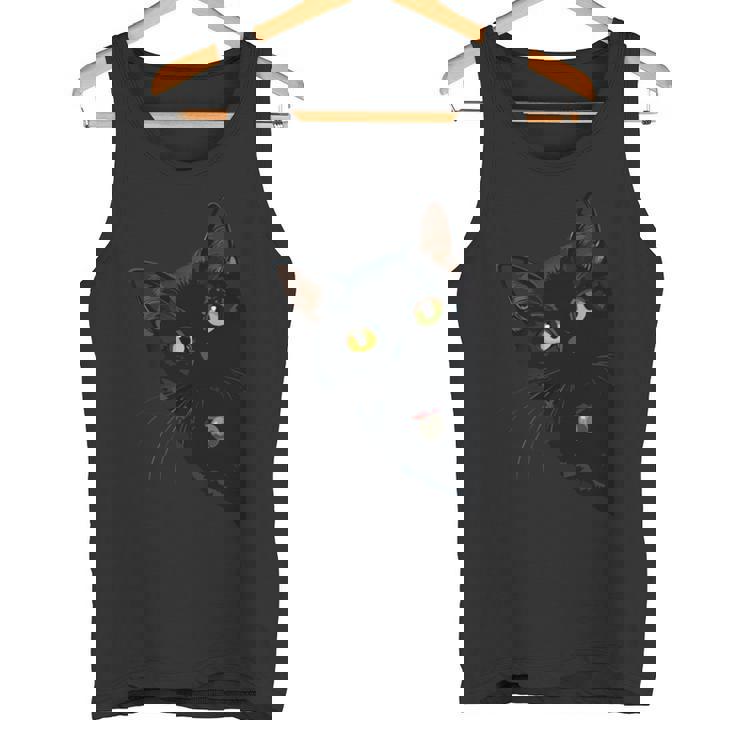 こっそり猫 物陰からじっと見つめる黒猫デザイン 長袖tシャツ タンクトップ