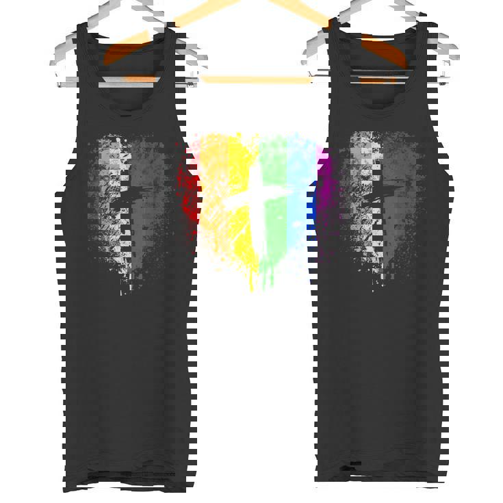 クロスのあるレインボー ハート、キリスト教の宗教的なゲイ プライド タンクトップ