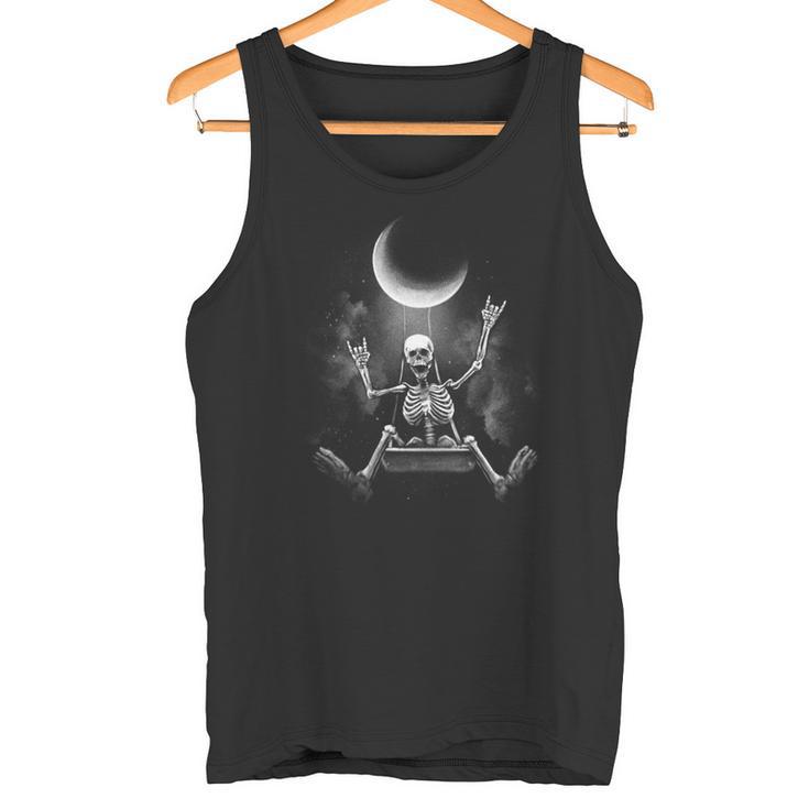 スケルトンロックオンムーン不気味なハロウィンロックバンド 怖い 長袖tシャツ タンクトップ
