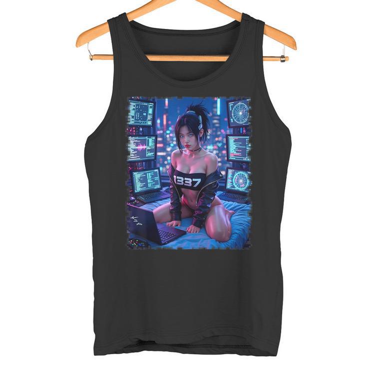 セクシーガールグラフィックtシャツ 1337 サイバーパンク ハッカーガール タンクトップ