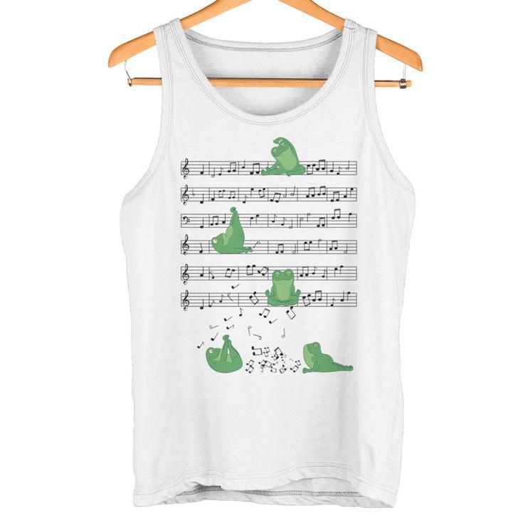 ヨガをしているかわいいカエル 音符 音記号 ミュージシャンアート 長袖tシャツ タンクトップ