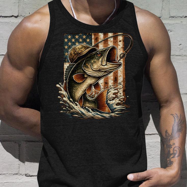 ビンテージバスフィッシング迷彩、アメリカ国旗。 長袖tシャツ タンクトップ 彼への贈り物